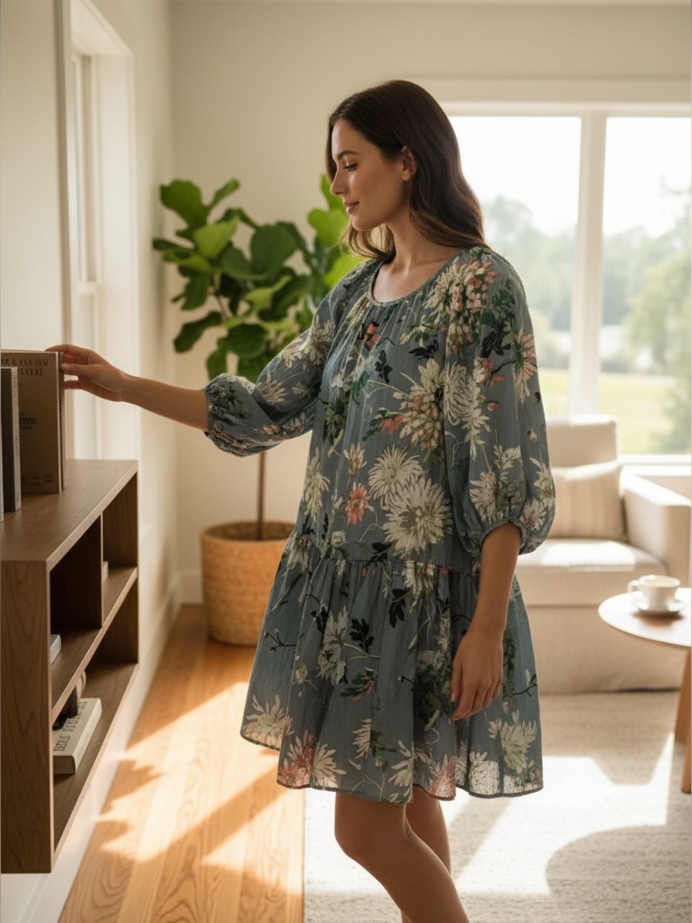 H&M Blue-Green Floral Tiered Midi Dress XS